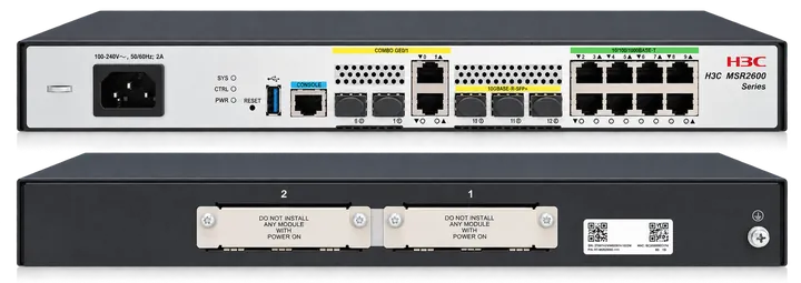 H3C MSR2630E-X1: Front mit 2× GE Combo, 3× 10GE SFP+ und 8× GE RJ45, Rückseite mit zwei SIC-Steckplätzen