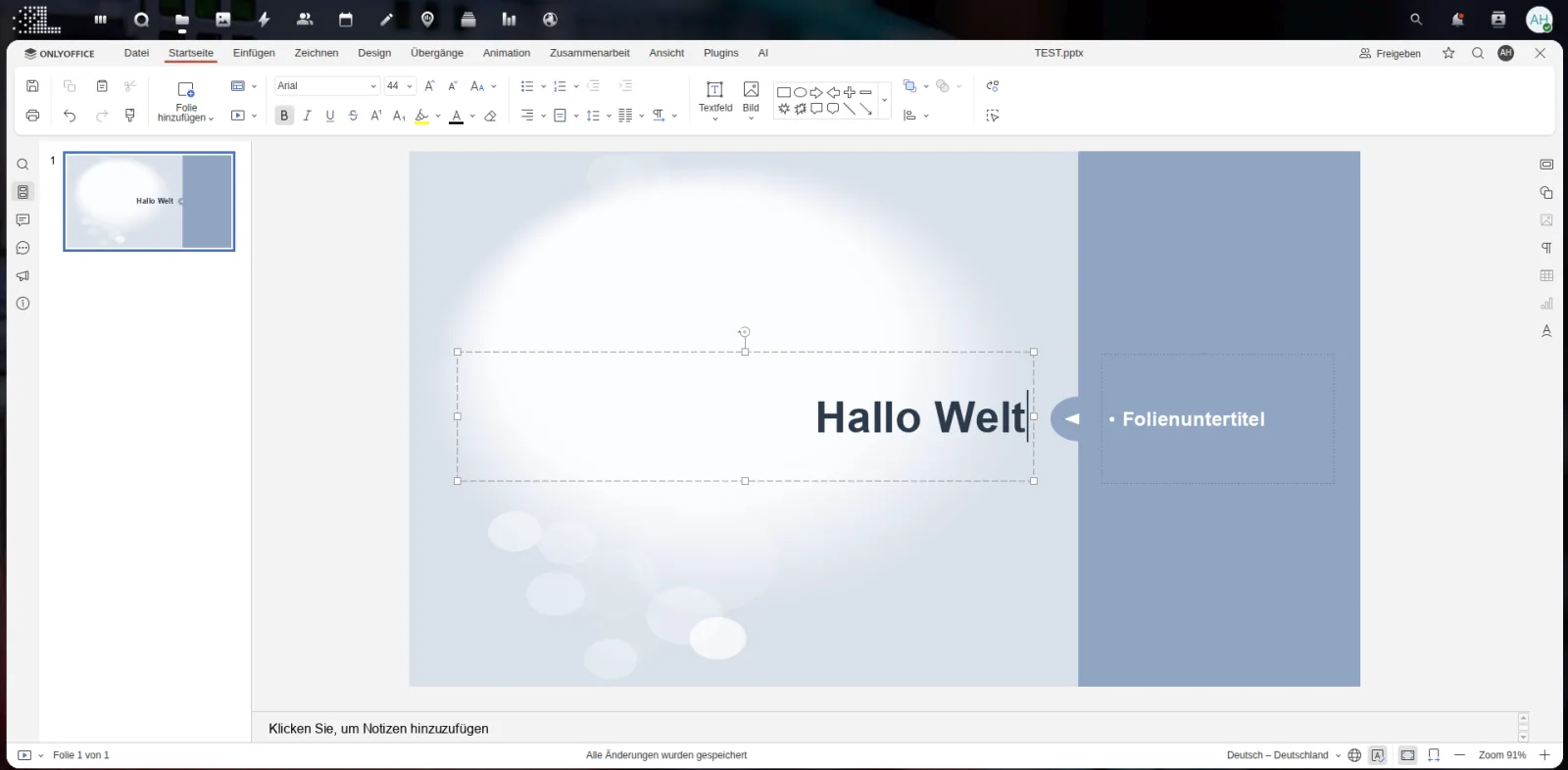 OnlyOffice-Präsentationseditor im Browser mit geöffneter PowerPoint-Datei auf deutscher Oberfläche