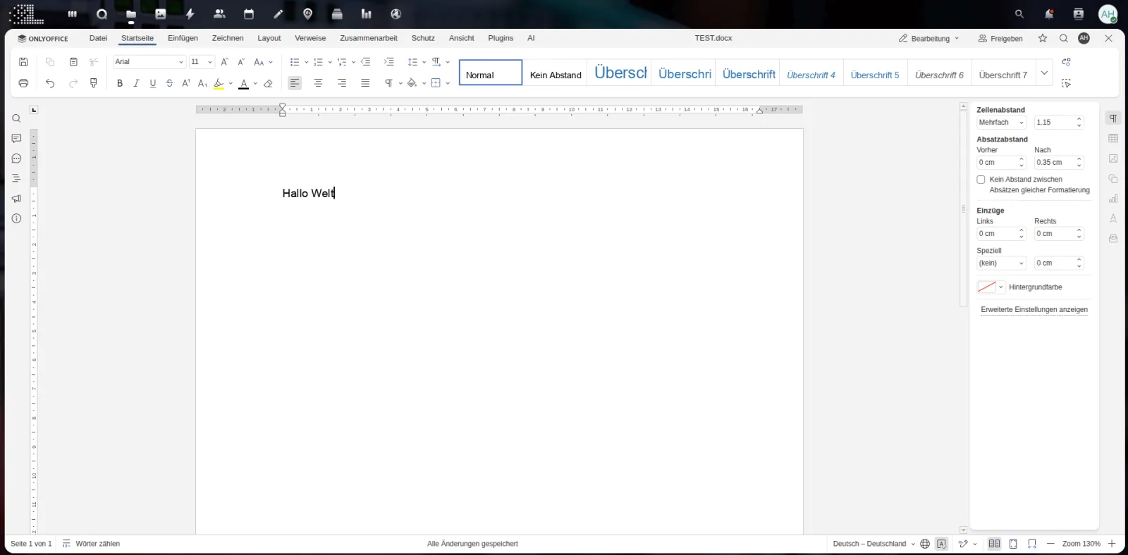OnlyOffice-Textverarbeitung im Browser mit geöffnetem Word-Dokument auf deutscher Oberfläche